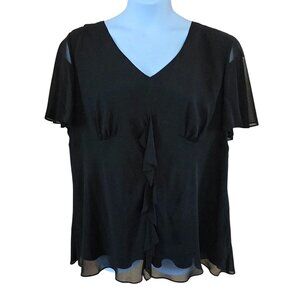 Black Ruffle-Front Blouse Peplum sweetheart neckline Sheer flutter sleeve goth